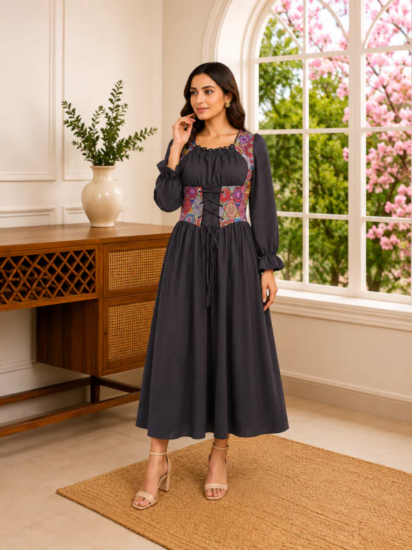 Wiqnlo new long dress Corset Lace-Up Peasant Dress