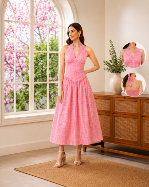 Halter Neck Gingham Midi Dress