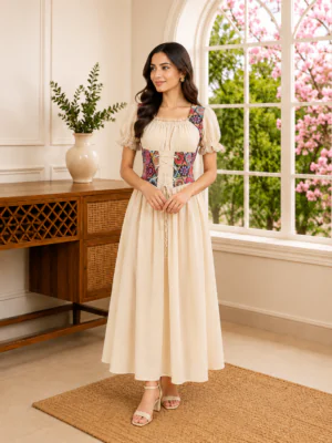 Puff-Sleeve Corset Peasant Dress